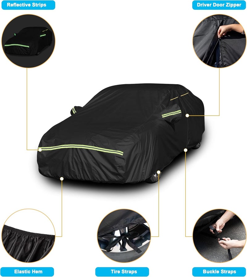 INSAUTO Heavy Duty Waterproof All-Weather Car Cover for Sedans (185–193 Inches), Outdoor Full Car Cover with Door Zipper, Protects from Sun, Rain, Snow, Dust & UV (Black) - Image 3